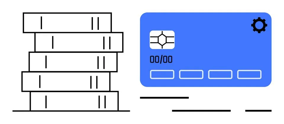 Stack of books representing knowledge beside a blue credit card with a gear i Stock Illustration