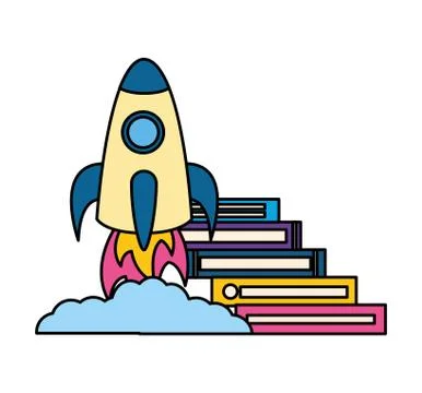 Stack of books with rocket isolated icon Stock Illustration