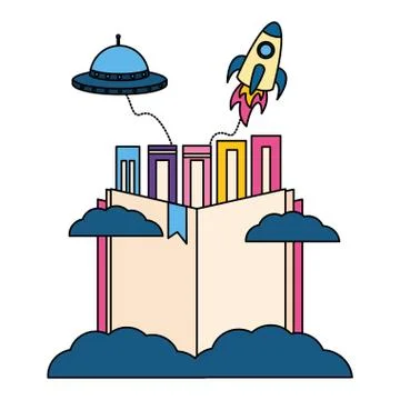 Stack of books with rocket isolated icon Stock Illustration