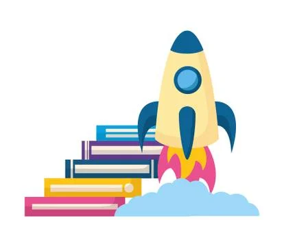 Stack of books with rocket isolated icon Stock Illustration