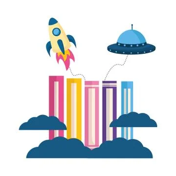 Stack of books with rocket isolated icon Stockillustratie