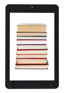Stack of books on screen of tablet pc isolated Stock Photos