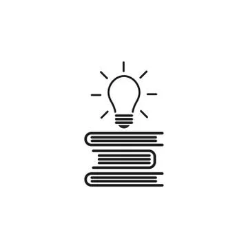 Stack of books with shining bulb flying out. Flat outline icon isolated on wh Illustrazione stock