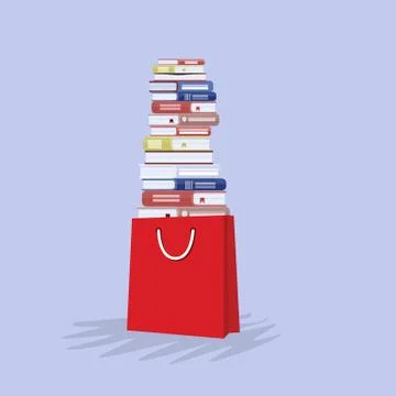 Stack of books in shopping bag. Book shopping concept. Vector illustration. Illustrazione stock