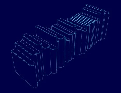 Stack of books is shown in a blue background. The books are arranged in a row, Stock Illustration