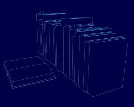 Stack of books is shown in a blue color. The books are arranged in a row, and Stock Illustration