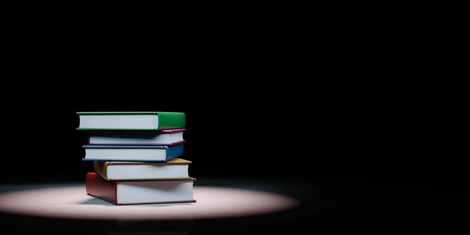 Stack of Books Spotlighted on Black Background 3D Illustration Illustrazione stock