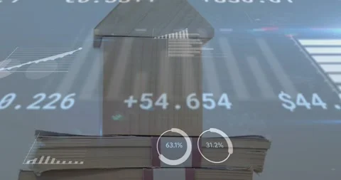 Stack of books staying centered while financial overlays animating on play, Stock Footage 328469556