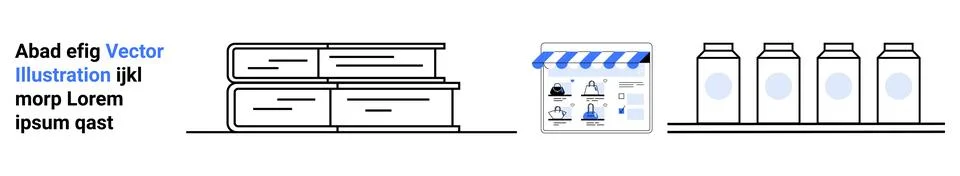 Stack of books, storefront data chart, and milk bottles. Ideal for retail, sh Stock Illustration