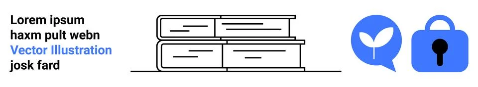Stack of books symbolizing knowledge beside a blue speech bubble with plant d Illustrazione stock
