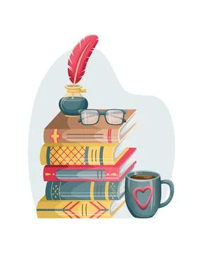 A stack of books on the table with an inkwell with a pen, glasses, and a cup  Stock Illustration