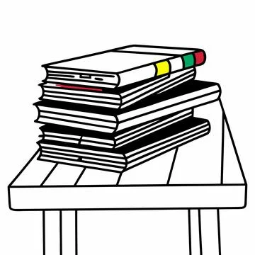 A stack of books on a table isolated on rendered in a simple line art style Stock Illustration