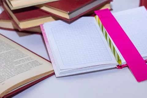 Stack of books on the table, pile of books, book background Stock Photos