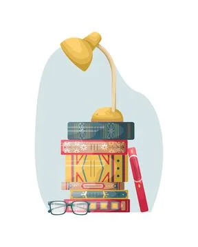 A stack of books on a table with a reading lamp and glasses. Books in the int Stockillustratie