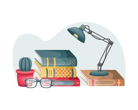 A stack of books on a table with a reading lamp, fLower in a pot and glasses. Stockillustratie