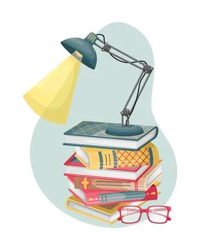 A stack of books on a table with a reading lamp and glasses. Books in the int Stock Illustration