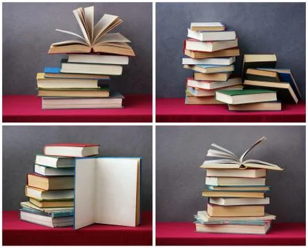 Stack of books on the table with a red tablecloth. Foto stock