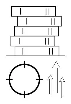 Stack of books, target sign, and upward arrows representing knowledge, focus Stockillustratie