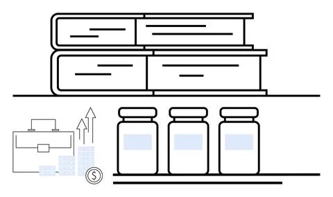 Stack of books, three medicine bottles, and business analysis elements thumbs Stock Illustration