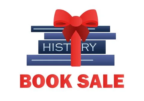 Stack books tied ribbon, bow. Book sale. Donate literature. Hard covers of Stock Illustration