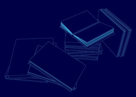 Stack of books with the top one open. The books are blue. The stack is piled on Illustrazione stock