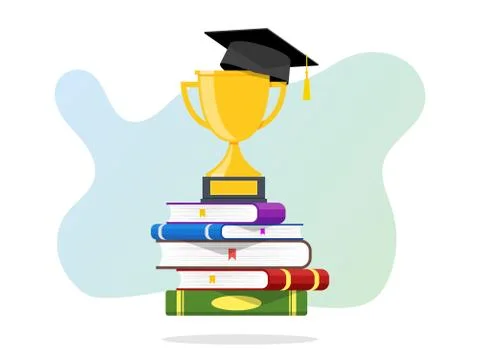Stack of Books A Trophy and Graduation Cap on the top Stock Illustration