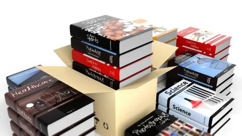 Stack of books with various subjects, isolated on white background. Stock Illustration