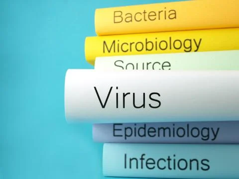 Stack books, virus, bacterium, infections, epidemiology, microbiology Stock Photos