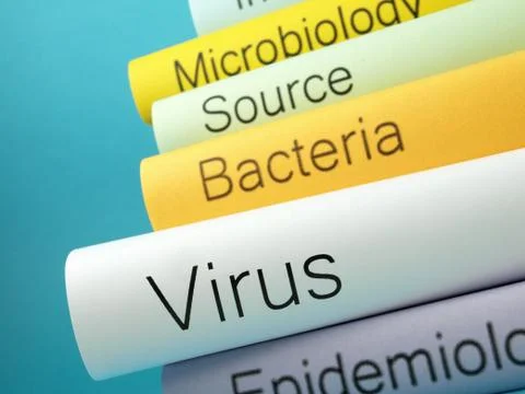 Stack books, virus, bacterium, infections, epidemiology, Medical microbiology Stock Photos