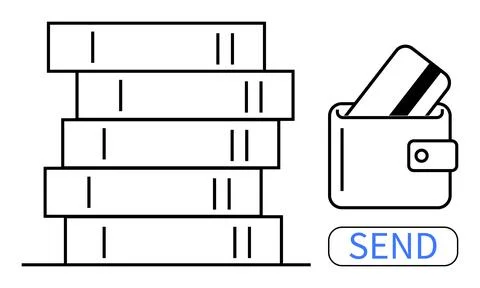 Stack of books, wallet holding credit card, and send button representing inve Stockillustratie