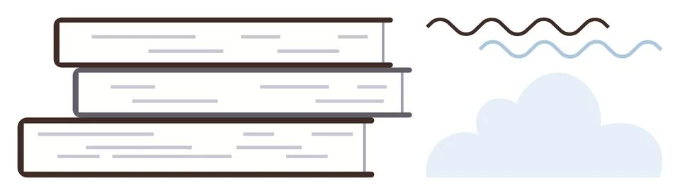 Stack of Books with Wavy Lines and Cloud Representing Knowledge and Creativity Illustrazione stock