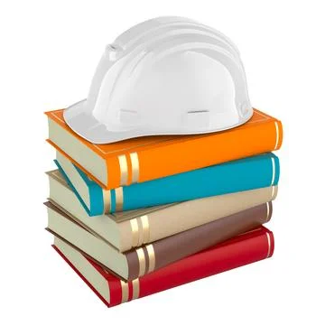 Stack of books with white hard hat, 3D rendering Stock Illustration