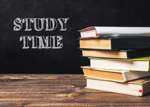 A stack of books with the word study time written on top Stock Photos