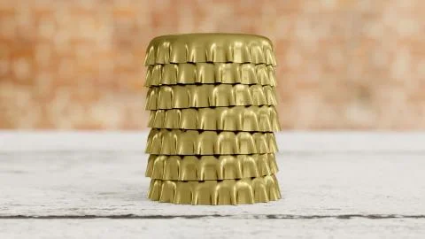 Stack of bottle caps on a wooden table Stock Photos