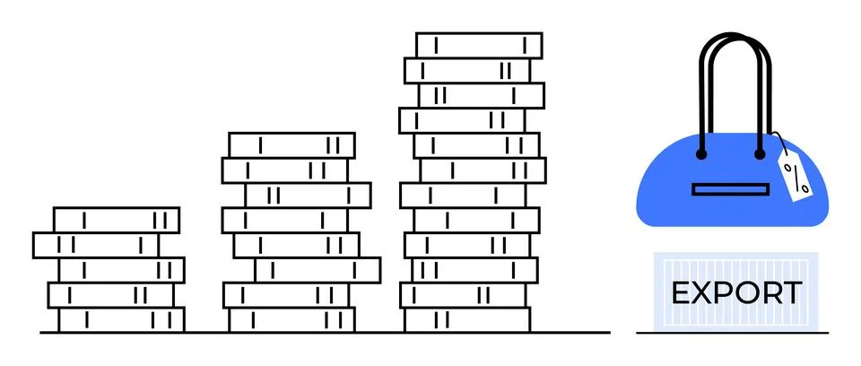 Stack of boxes arranged in ascending order beside blue handbag and export lab Stock Illustration