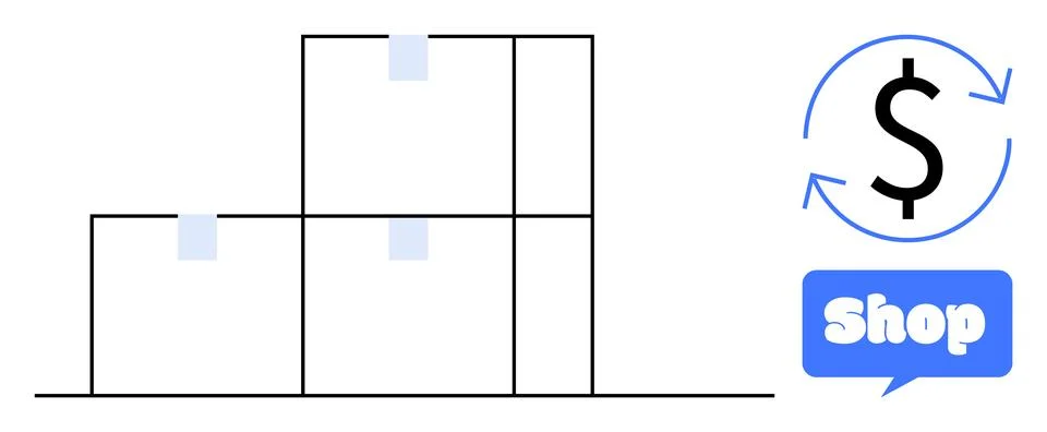 Stack of Boxes with Dollar Sign and Shop Text in Blue Chat Bubble Stockillustratie