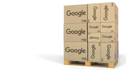Stack of boxes with Google logo. Editorial 3D rendering Stock Illustration