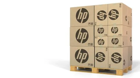 Stack of boxes with HP logo. Editorial 3D rendering 스톡 일러스트