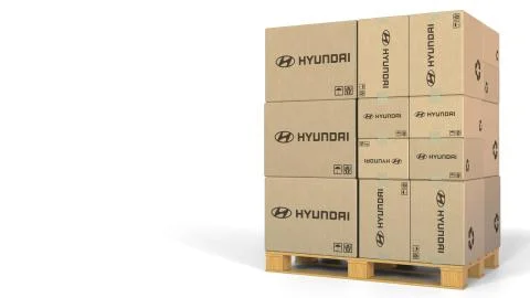 Stack of boxes with Hyundai logo. Editorial 3D rendering 스톡 일러스트