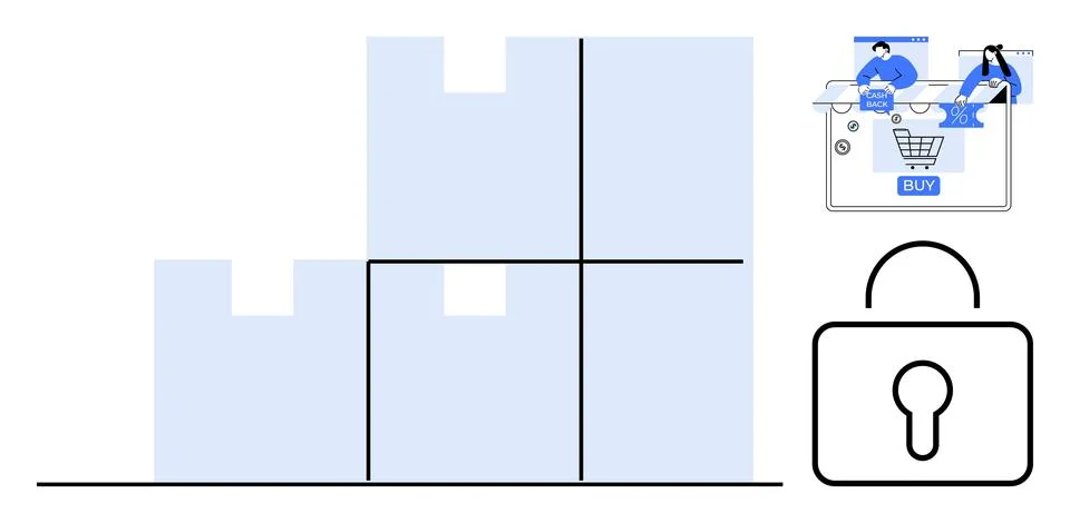 Stack of boxes indicating shipping, shopping cart with people making purchase Stock Illustration