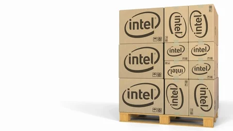 Stack of boxes with Intel logo. Editorial 3D animation Stock Footage 97447054