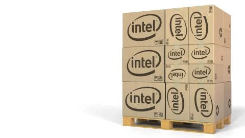 Stack of boxes with Intel logo. Editorial 3D rendering Stock Illustration