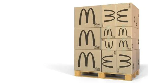Stack of boxes with McDonald's logo. Editorial 3D rendering 스톡 일러스트