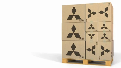 Stack of boxes with Mitsubishi logo. Editorial 3D animation Stock Footage 97448400