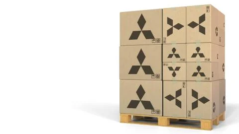 Stack of boxes with Mitsubishi logo. Editorial 3D rendering Stock Illustration