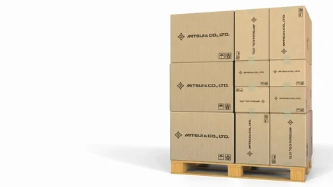 Stack of boxes with Mitsui logo. Editorial 3D animation Stock Footage 97448522