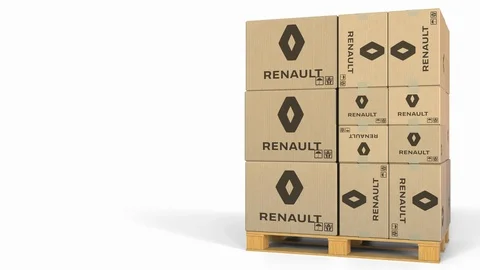 Stack of boxes with Renault logo. Editorial 3D animation Stock Footage 97449357