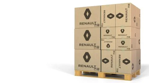 Stack of boxes with Renault logo. Editorial 3D rendering 스톡 일러스트