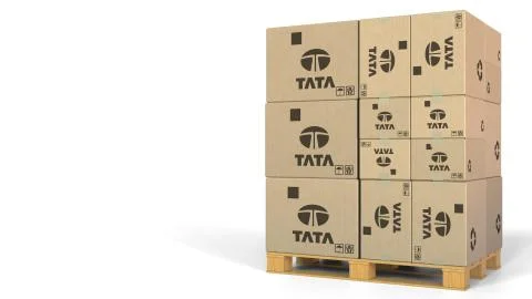 Stack of boxes with Tata logo. Editorial 3D rendering Stock Illustration