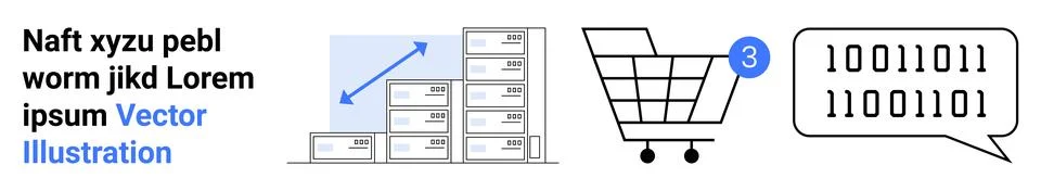 Stack of boxes with upward arrow, shopping cart with notification, binary cod Stock Illustration